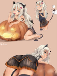 Rule 34 | 1girl, ?, admiral (kancolle), akino shuu, barefoot, black hairband, black thighhighs, blonde hair, blue eyes, blush, bow, brown background, candy, collarbone, commentary request, demon horns, demon tail, demon wings, fake horns, food, gloves, grecale (kancolle), hair between eyes, hair bow, hairband, halloween, halloween costume, holding, holding candy, holding food, holding lollipop, horns, jack-o&#039;-lantern, kantai collection, lollipop, long hair, long sleeves, multiple views, pink bow, simple background, single thighhigh, solo focus, spoken question mark, tail, thighhighs, twitter username, wavy mouth, white gloves, wings