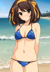Rule 34 | 1girl, arms behind back, bare arms, bare shoulders, beach, bikini, blue bikini, breasts, brown eyes, brown hair, closed mouth, collarbone, commentary, cowboy shot, dot nose, forehead, gluteal fold, hair ribbon, hairband, haruhisky, highres, legs apart, looking at viewer, medium hair, navel, outdoors, palm tree, ribbon, sand, solo, suzumiya haruhi, suzumiya haruhi no yuuutsu, swimsuit, tree, v-shaped eyebrows, yellow hairband, yellow ribbon