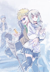 Rule 34 | 1boy, 1girl, a certain high school uniform, accelerator (toaru majutsu no index), albino, animal hair ornament, blonde hair, blue jacket, blue pants, blue skirt, blue theme, blue thighhighs, blurry, blurry background, brown sweater, can, cane, choker, closed mouth, colored eyelashes, crutch, gakuran, genderswap, genderswap (mtf), green shirt, hair ornament, hairclip, highres, holding, holding can, jacket, miniskirt, mitoki mtk, open mouth, pale skin, pants, red eyes, school uniform, serafuku, shirt, short hair, skirt, spiked hair, standing, sunglasses, surprised, suzushina yuriko, sweater, thighhighs, toaru majutsu no index, tripping, tsuchimikado motoharu, white hair, white sweater, winter uniform, zettai ryouiki