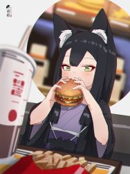 Rule 34 | 1girl, animal ear fluff, animal ears, blurry, blurry foreground, blush, burger, chromatic aberration, commentary request, cup, depth of field, disposable cup, drinking straw, fast food, food, fox ears, french fries, hands up, highres, holding, holding food, japanese clothes, kimono, kuro kosyou, long hair, obi, open clothes, original, purple kimono, sash, short sleeves, solo, tray, upper body, wide sleeves, yui (kuro kosyou)