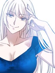 Rule 34 | 1girl, blue eyes, blue shirt, breasts, cleavage, closed mouth, collarbone, colored eyelashes, commentary request, facing viewer, hand on own head, hand up, head tilt, jormungand (manga), koko hekmatyar, long hair, looking at viewer, pale skin, shirt, smile, solo, t-shirt, taneko (motitto092), white hair