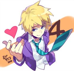 Rule 34 | 10s, 1boy, bad id, bad twitter id, beckoning, blonde hair, blue eyes, copyright name, hanazawa teruki, heart, looking at viewer, male focus, mob psycho 100, necktie, outstretched hand, school uniform, smile, solo, striped necktie, striped neckwear