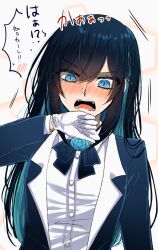 Rule 34 | 1girl, ado (utaite), black bow, black bowtie, black hair, blue coat, blue eyes, blue flower, blue rose, blush, bow, bowtie, chando (ado), cloud nine inc, coat, colored inner hair, commentary request, dress shirt, embarrassed, flower, flower brooch, gloves, hair between eyes, hand up, highres, long hair, long sleeves, mole, mole under eye, multicolored hair, open clothes, open coat, open mouth, rose, shirt, shoko (gs music11), slit pupils, solo, sweatdrop, teeth, translation request, two-tone hair, upper body, utaite, white background, white gloves, white shirt