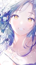 Rule 34 | 1girl, :d, bare shoulders, black hair, blush, collarbone, commentary, english commentary, flower, forehead, gomzi, long hair, looking at viewer, open mouth, original, petals, portrait, signature, smile, solo, spaghetti strap, white flower, yellow eyes