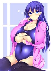 Rule 34 | 1girl, :o, arm between breasts, belly, between breasts, black thighhighs, blue eyes, blue hair, blush, breasts, buttons, cleavage, collarbone, colored eyelashes, covered navel, earrings, groin, hair ornament, hairclip, hand on own face, huge breasts, jacket, jewelry, long hair, long sleeves, looking at viewer, open clothes, open jacket, original, parted lips, pink jacket, pocket, shiny clothes, shiny skin, sitting, skin tight, sleeves past wrists, solo, swimsuit, thighhighs, thighs, torn clothes, torn swimsuit, two-tone background, unbuttoned, very long hair, wariza, yahiro (anhnw)