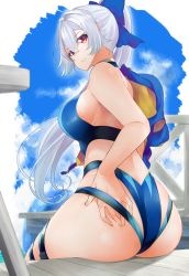 Rule 34 | 1girl, absurdres, ass, back, blue bow, blue one-piece swimsuit, blue sky, bow, breasts, closed mouth, competition swimsuit, fate/grand order, fate (series), hair between eyes, hair bow, highleg, highleg swimsuit, highres, large breasts, long hair, looking at viewer, looking back, miya ur, one-piece swimsuit, ponytail, red eyes, silver hair, sitting, sky, smile, swimsuit, thigh strap, thighs, tomoe gozen (fate), tomoe gozen (swimsuit saber) (fate), tomoe gozen (swimsuit saber) (first ascension) (fate), two-tone swimsuit, white one-piece swimsuit