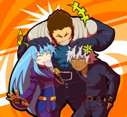 Rule 34 | 1girl, 2boys, android, angry, blue eyes, blue hair, brown hair, candy, dark skin, food, gloves, happy, k&#039; (kof), kula diamond, long hair, maxima, multiple boys, silver hair, simple background, smile, snk, the king of fighters