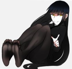 Rule 34 | 1girl, black hair, feet, female protagonist (houkago play), hime cut, houkago play, long hair, looking at viewer, pantyhose, scathegrapes, soles, toes, yellow eyes