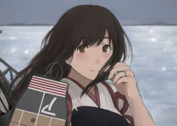 Rule 34 | 10s, 1girl, akagi (kancolle), arrow (projectile), brown eyes, brown hair, flight deck, fuyube gin (huyube), japanese clothes, jewelry, kantai collection, long hair, machinery, mast, muneate, ocean, official style, ring, solo, wedding band