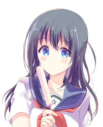 Rule 34 | 1girl, absurdres, arm at side, black hair, black sailor collar, blue eyes, blush, breasts, collarbone, dot nose, food, hair between eyes, highres, holding, holding food, holding popsicle, idoly pride, incoming food, long hair, looking at viewer, medium breasts, nagase mana, neckerchief, one side up, popsicle, puckered lips, raised eyebrows, red neckerchief, sabi (sabilder), sailor collar, school uniform, serafuku, shirt, short sleeves, sidelocks, simple background, solo, straight hair, upper body, white background, white shirt