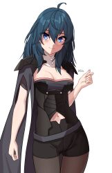 Rule 34 | 1girl, absurdres, black shorts, blue eyes, blue hair, breasts, byleth (female) (fire emblem), byleth (fire emblem), cleavage, cloak, clothing cutout, cowboy shot, fire emblem, fire emblem: three houses, highres, large breasts, looking at viewer, navel, navel cutout, nintendo, pantyhose, short shorts, shorts, simple background, solo, white background, x xith x