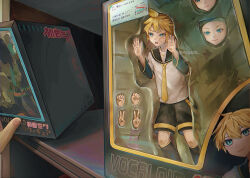 Rule 34 | 1boy, absurdres, blonde hair, box, character name, cheek press, commentary request, copyright name, detached sleeves, disembodied face, disembodied hand, encasement, figure, hatsune miku, highres, in box, in container, kagamine len, leg warmers, long sleeves, necktie, open mouth, ponzu (udon), sailor collar, shelf, shorts, solo focus, v, v-shaped eyebrows, vocaloid