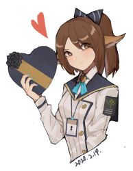 Rule 34 | 1girl, arknights, blue bow, blue ribbon, bow, box, brown eyes, brown hair, buttons, cropped torso, dated, gift, hair bow, hand up, hanenosaki, heart-shaped box, holding, holding gift, id card, looking at viewer, neck ribbon, official alternate costume, perfumer (arknights), ponytail, ribbon, shirt, simple background, smile, solo, white background, white shirt