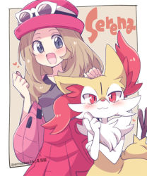 Rule 34 | 1girl, :d, animal ear fluff, blush, border, braixen, brown hair, character name, collared shirt, commentary request, creatures (company), eromame, eyewear on headwear, game freak, gen 6 pokemon, grey eyes, hands up, happy, hat, headpat, heart, high-waist skirt, long hair, looking at viewer, nintendo, open mouth, pink headwear, pokemon, pokemon (creature), pokemon xy, red skirt, serena (pokemon), shirt, skirt, sleeveless, sleeveless shirt, smile, sunglasses, white-framed eyewear, white border