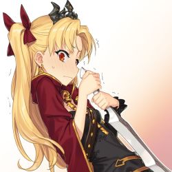 Rule 34 | 1girl, blonde hair, blush, cape, earrings, ereshkigal (fate), fate/grand order, fate (series), gold trim, hair ribbon, holding, holding weapon, ikezawa shin, jewelry, knife, long hair, red cape, red eyes, red ribbon, ribbon, solo, sweat, tiara, tohsaka rin, twintails, two side up, weapon