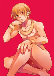 Rule 34 | 1boy, bad id, bad pixiv id, blonde hair, blush, bracelet, convenient censoring, crossed legs, earrings, epuko, fate/zero, fate (series), gilgamesh (fate), jewelry, male focus, nude, open mouth, red eyes, short hair, solo