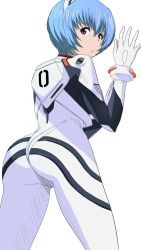 Rule 34 | 1girl, absurdres, ass, ayanami rei, back, blue hair, bodysuit, cameltoe, cowboy shot, from behind, highres, impossible bodysuit, impossible clothes, interface headset, looking at viewer, looking back, neon genesis evangelion, plugsuit, red eyes, scan, short hair, simple background, skin tight, solo, standing, tonotyama, twisted neck, wallpaper, white background, white bodysuit
