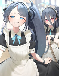 Rule 34 | &lt;key&gt; (blue archive), 2girls, absurdly long hair, absurdres, ao12073010, apron, aqua necktie, aqua ribbon, aris (blue archive), aris (maid) (blue archive), black dress, blue archive, blue eyes, blurry, blurry background, blush, commentary request, dress, ear blush, forehead, grin, hair between eyes, halo, highres, long hair, looking at viewer, maid, maid headdress, multiple girls, neck ribbon, necktie, official alternate costume, official alternate hairstyle, one side up, parted bangs, puffy short sleeves, puffy sleeves, red eyes, ribbon, short sleeves, siblings, side ponytail, sidelocks, smile, sweatdrop, swept bangs, twins, very long hair, white apron, wristband