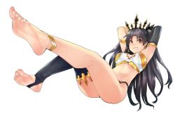 Rule 34 | 1girl, anklet, armlet, arms behind head, barefoot, eiji (eiji), fate/grand order, fate (series), feet, ishtar (fate), ishtar (fate), jewelry, long hair, looking at viewer, parted lips, pov, red eyes, smile, soles, toeless legwear, toes, twintails