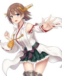 Rule 34 | 1girl, boots, brown hair, commentary request, detached sleeves, flipped hair, green skirt, hairband, headgear, hiei (kancolle), hiei kai ni (kancolle), highres, japanese clothes, kantai collection, monoku, plaid, popped collar, ribbon-trimmed sleeves, ribbon trim, short hair, simple background, skirt, solo, thigh boots, thigh gap, thighhighs, white background