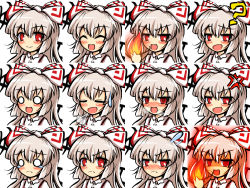 Rule 34 | 1girl, ?, ^ ^, anger vein, bad id, bad pixiv id, blush, bow, closed eyes, expressions, closed eyes, female focus, fire, fire, fujiwara no mokou, glowing, hair bow, heavy breathing, kisaragi zwei, long hair, multiple views, o o, open mouth, red eyes, smile, sweatdrop, tears, touhou, white background, white hair