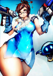 Rule 34 | 1girl, absurdres, bare shoulders, blue gloves, blue panties, breasts, brown eyes, brown hair, china dress, chinese clothes, dress, female focus, from below, glasses, gloves, gun, hair bun, hair ornament, highres, lapaco, large breasts, mei (overwatch), miniskirt, overwatch, overwatch 1, panties, pantyshot, single hair bun, skirt, solo, standing, striped clothes, striped panties, thighs, underwear, upskirt, weapon, wide hips