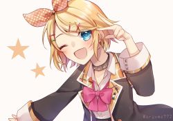 Rule 34 | 1girl, ;d, aryuma772, black coat, blonde hair, blue eyes, blush, bow, bowtie, coat, collar, collarbone, collared shirt, dress shirt, highres, kagamine rin, leo/need rin, long sleeves, nail polish, one eye closed, open clothes, open coat, open mouth, pink bow, pink bowtie, shirt, short hair, smile, solo, swept bangs, twitter username, upper body, vocaloid, w, white background, white shirt, wing collar, yellow nails