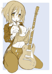 Rule 34 | 00s, 1girl, bad id, bad pixiv id, breasts, bukkake, clothes lift, condom, condom in mouth, crotch seam, cum, cum on body, cum on breasts, cum on clothes, cum on upper body, guitar, hirasawa yui, instrument, k-on!, large breasts, monochrome, mouth hold, open clothes, open shirt, panties, panties under pantyhose, pantyhose, pinky out, school uniform, shirt, short hair, skirt, skirt lift, solo, striped clothes, striped panties, tatami to hinoki, thighband pantyhose, underwear, upskirt