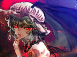 Rule 34 | 1girl, blue hair, fangs, licking finger, glowing, glowing eyes, hat, licking, nishiide kengorou, open mouth, red eyes, remilia scarlet, short hair, solo, tongue, tongue out, touhou, upper body, vampire, wings