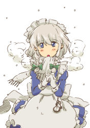 Rule 34 | 1girl, bad id, bad pixiv id, blue eyes, braid, breath, female focus, gloves, izayoi sakuya, key, maid, maid headdress, non (z-art), own hands clasped, own hands together, perfect cherry blossom, pocket watch, scarf, silver hair, simple background, snow, solo, touhou, twin braids, watch