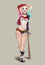 Rule 34 | 1girl, baseball bat, batman (series), blonde hair, blue hair, bracelet, crossed legs, dc comics, dccu, eyeshadow, gloves, harley quinn, high heels, holster, jewelry, lipstick, makeup, multicolored hair, nail polish, pink hair, sequins, shirt, short shorts, shorts, shoulder holster, simple background, single glove, solo, spiked bracelet, spikes, standing, suicide squad, tattoo, torn clothes, torn shirt, twintails