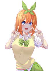 Rule 34 | 1girl, :d, absurdres, blue eyes, blush, bow, bowtie, breasts, collarbone, collared shirt, commentary request, contrapposto, cowboy shot, double v, go-toubun no hanayome, green bow, green bowtie, green ribbon, green skirt, hair between eyes, hair ribbon, hands up, highres, huge filesize, large breasts, looking at viewer, medium hair, nakano yotsuba, open mouth, orange hair, pleated skirt, ribbon, school uniform, shirt, short sleeves, sidelocks, simple background, skirt, slope (check238), smile, solo, standing, sweater, sweater vest, teeth, v, white background, white shirt, yellow sweater