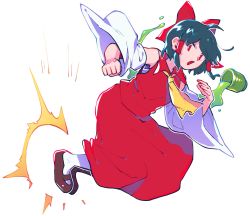 Rule 34 | 1girl, ascot, black hair, bow, brown footwear, clenched hand, commentary request, cookie (touhou), cup, detached sleeves, full body, green tea, hair bow, hakurei reimu, highres, hita (hizokuseikogeki), long skirt, looking at viewer, mary janes, open mouth, red bow, red eyes, red shirt, red skirt, reu (cookie), shirt, shoes, short hair, sidelocks, simple background, skirt, skirt set, sleeveless, sleeveless shirt, socks, solo, tea, touhou, white background, white sleeves, white socks, yellow ascot, yunomi