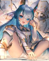 Rule 34 | 1girl, armored boots, artist name, azur lane, blue eyes, blue hair, blush, boots, cannon, commentary, cross, english commentary, eyes visible through hair, fang, hair over one eye, highres, janyhero, long hair, looking at viewer, m legs, maille-breze (azur lane), multicolored hair, open mouth, panties, pantyshot, paw pose, rigging, signature, sitting, smile, solo, underwear, very long hair, white hair, white panties