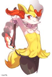 Rule 34 | 1girl, absurdres, animal ears, armpits, arms up, artist name, blush, braixen, breasts, creatures (company), fang, fire, fox ears, fox tail, furry, furry female, game freak, gen 6 pokemon, highres, iizuna, looking at viewer, navel, nintendo, nipples, nude, pokemon, pokemon (creature), pokemon xy, pussy, red eyes, simple background, small breasts, smile, smoke, solo, stick, tail, teeth, text focus, uncensored, white background