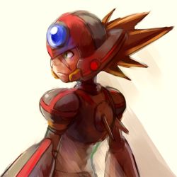 Rule 34 | 1boy, android, axl (mega man), brown hair, green eyes, helmet, looking to the side, male focus, mega man (series), mega man x (series), scar, serious, simple background, skycompass, solo, spiked hair, upper body