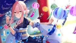 Rule 34 | 1girl, absurdres, bad id, bad pixiv id, blue bow, blurry, blurry background, blush, bow, breasts, closed mouth, detached sleeves, floating hair, hands up, highres, holding, huge filesize, long hair, looking at viewer, original, pink eyes, pink hair, sidelocks, sinobi illust, sky, small breasts, smile, solo, wind chime