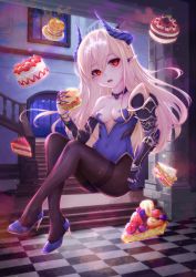 Rule 34 | 1girl, absurdres, akatsuki+9, bare shoulders, black pantyhose, blonde hair, blue footwear, blue leotard, breasts, burger, butter, cake, checkered floor, choker, cleavage, demon girl, floating, food, fruit, full body, high heels, highres, horns, indoors, legs, leotard, long hair, open mouth, original, pancake, pantyhose, pointy ears, red eyes, shoes, small breasts, solo, stairs, strapless, strapless leotard, thighband pantyhose, thighs, window