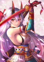 Rule 34 | 1girl, armor, armpits, arms up, bare shoulders, bow, breasts, fate/grand order, fate (series), faulds, gauntlets, hair between eyes, hair bow, headband, holding, holding sword, holding weapon, horns, japanese armor, japanese clothes, katana, kelinch1, kimono, light purple hair, long hair, medium breasts, oni horns, parted lips, petals, red bow, red eyes, sash, sheath, sideboob, sleeveless, sleeveless kimono, smile, solo, sword, tassel, tomoe gozen (fate), twitter username, unsheathed, upper body, very long hair, weapon