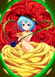Rule 34 | 1girl, blue eyes, blue hair, byoubyou, censored, choker, collarbone, convenient censoring, flower, hat, hat flower, heart, highres, jewelry, komeiji koishi, matching hair/eyes, navel, nude, pendant, plant, red rose, rose, solo, third eye, touhou, vines, yellow rose