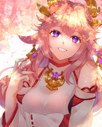 Rule 34 | 1girl, animal ears, backlighting, bare shoulders, breasts, cherry blossoms, commentary request, dappled sunlight, earrings, eyelashes, fingernails, fox ears, genshin impact, hand in own hair, headdress, highres, japanese clothes, jewelry, long hair, long sleeves, looking at viewer, medium breasts, miko, mitsudomoe (shape), nail polish, open mouth, pendant, pink hair, priestess, purple eyes, red nails, ribbon-trimmed sleeves, ribbon trim, ruffling hair, smile, solo, sunlight, tomoe (symbol), upper body, wide sleeves, yae miko, yanase runa