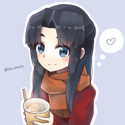 Rule 34 | 1girl, asakura ryouko, blue eyes, blue hair, brown scarf, chopsticks, coat, cup, food, heart, highres, holding, holding chopsticks, holding cup, looking at viewer, oden, red coat, scarf, simple background, smile, solo, soten bluesky, suzumiya haruhi no yuuutsu, tagme, thought bubble, twitter username, watermark, winter clothes, winter coat