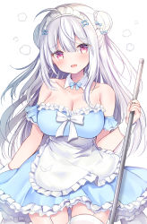 Rule 34 | 1girl, ahoge, apron, azur lane, bare shoulders, blue bow, blue dress, blush, bow, breasts, cleavage, collar, collarbone, commentary request, commission, cygnet (azur lane), detached collar, double bun, dress, frilled apron, frilled dress, frills, garter straps, hair between eyes, hair bun, highres, holding, looking at viewer, maid, maid headdress, masayo (gin no ame), medium breasts, open mouth, pleated dress, red eyes, silver hair, simple background, skeb commission, solo, strapless, strapless dress, thighhighs, waist apron, white apron, white background, white bow, white collar, white thighhighs, wing collar