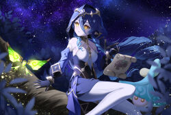 Rule 34 | 1girl, 2others, arabian clothes, black hair, claw ring, crystalfly (genshin impact), drill hair, fungi (genshin impact), genshin impact, headpiece, highres, jewelry, layla (genshin impact), looking up, multiple others, neck ring, neneko sleep, night, night sky, orange eyes, pantyhose, parted lips, pointy ears, scroll, sitting on branch, sky, star (sky), starry sky, veil, white pantyhose, wind