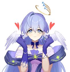 Rule 34 | 1girl, aqua eyes, asymmetrical gloves, bare shoulders, bow, bowtie, closed mouth, dress, gloves, hair between eyes, halo, head wings, heart, heart hands, highres, honkai: star rail, honkai (series), long hair, looking at viewer, muhoho ku, official alternate costume, purple bow, purple bowtie, purple dress, purple gloves, purple hair, robin (honkai: star rail), simple background, sleeveless, smile, solo, uneven gloves, upper body, white background, white wings, wings
