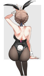 Rule 34 | 1girl, ahoge, animal ears, arm at side, arm up, ass, bare shoulders, black leotard, blue nails, blue ribbon, braid, breasts, brown hair, brown pantyhose, condom, condom wrapper, detached collar, artistic error, facing away, fake animal ears, fake tail, feet out of frame, from behind, grey background, hair ribbon, highres, idolmaster, idolmaster million live!, invisible chair, leotard, medium breasts, nail polish, nakamura rohane, pantyhose, playboy bunny, rabbit ears, rabbit tail, ribbon, sakuramori kaori, short hair, sideboob, sitting, solo, spread fingers, tail, two-tone background, wrist cuffs