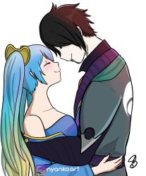 Rule 34 | 1boy, 1girl, almost kiss, aphelios, black hair, blue eyes, blue hair, closed eyes, facial mark, highres, instagram username, league of legends, looking at another, multicolored hair, nyankoart, purple eyes, smile, sona (league of legends), tattoo, twintails, white background