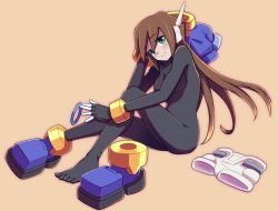 Rule 34 | aile (mega man zx), blush, bodysuit, breasts, brown hair, closed mouth, cyborg, green eyes, highres, long hair, mega man (series), mega man zx, mega man zx advent, shoes, unworn shoes, simple background, smile, tagme