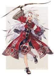 Rule 34 | 1girl, arm up, arrow (projectile), aztec, banpai akira, black gloves, bow, bow (weapon), fang, gloves, gradient background, grey hair, hair between eyes, holding, holding bow (weapon), holding weapon, long hair, long sleeves, multicolored hair, open mouth, orange eyes, original, quiver, revision, smile, solo, standing, tongue, tribal, two-tone background, weapon, white bag, white hair