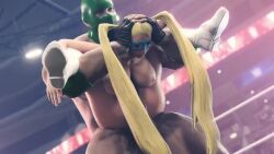 Rule 34 | 1boy, 1girl, 3d, animated, blonde hair, blue mask, breasts, domino mask, full nelson, green mask, highres, interior, large breasts, looping animation, mask, nipples, nude, rainbow mika, rouge nine, sex, street fighter, tagme, twintails, vaginal, video